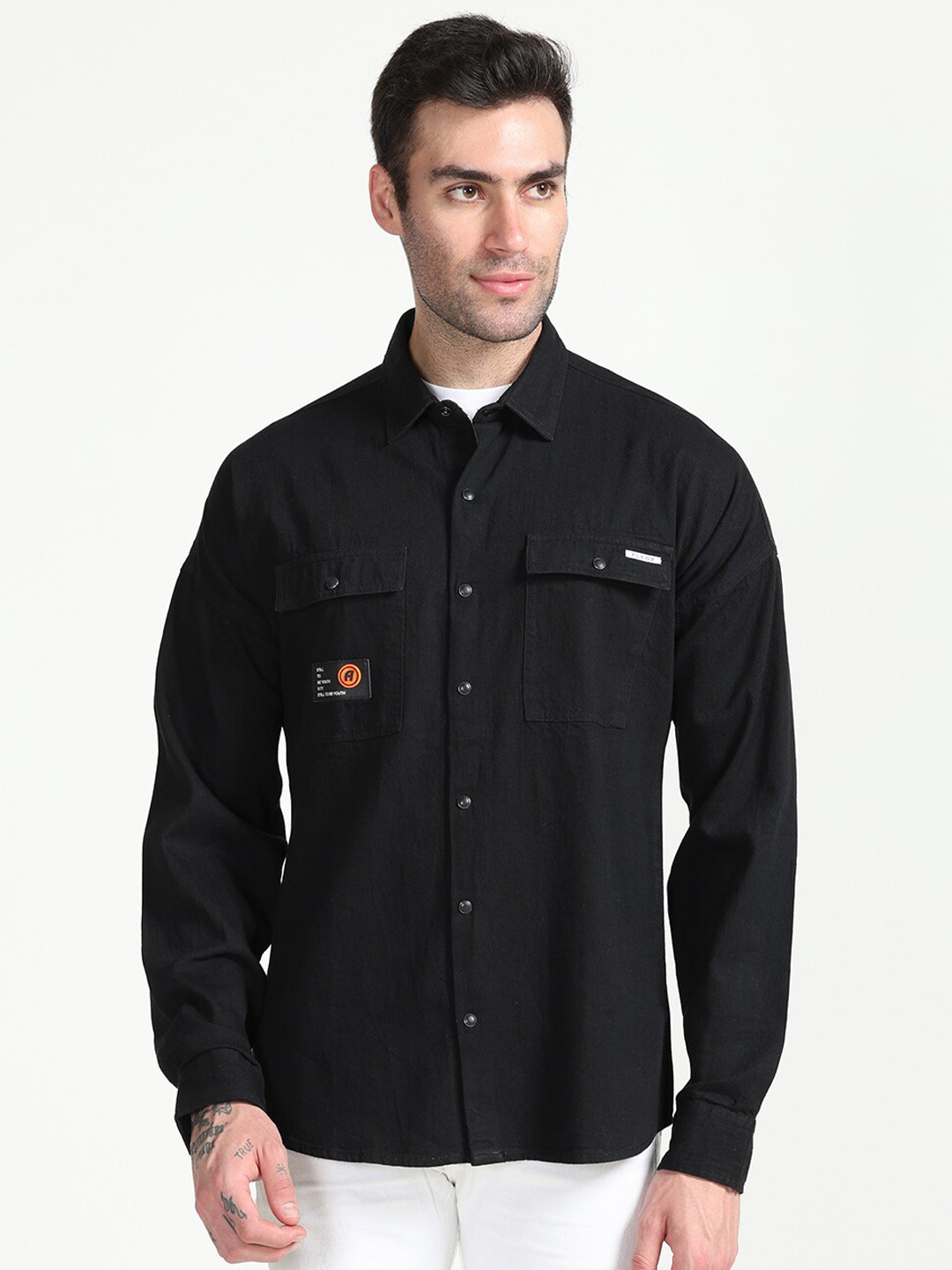 

FLY 69 Premium Slim Fit Spread Collar Long Sleeve Cotton Casual Shirt, Black