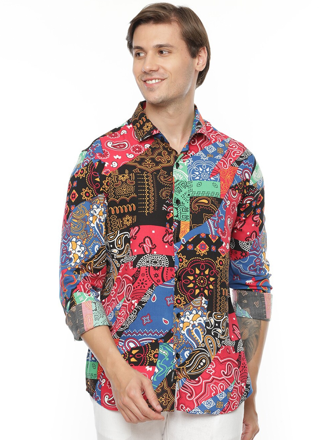 

FLY 69 Premium Slim Fit Ethnic Motifs Printed Casual Shirt, Pink