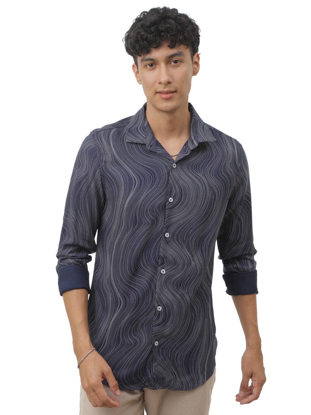 

FLY 69 Premium Slim Fit Abstract Printed Casual Shirt, Navy blue