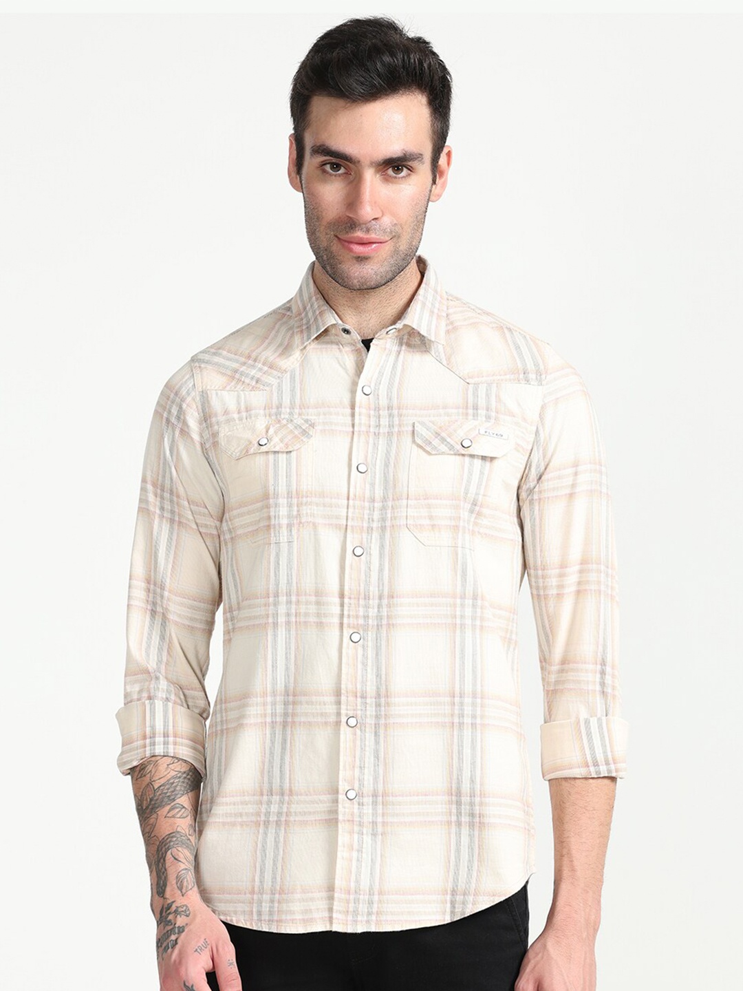 

FLY 69 Premium Slim Fit Opaque Checked Casual Shirt, Cream