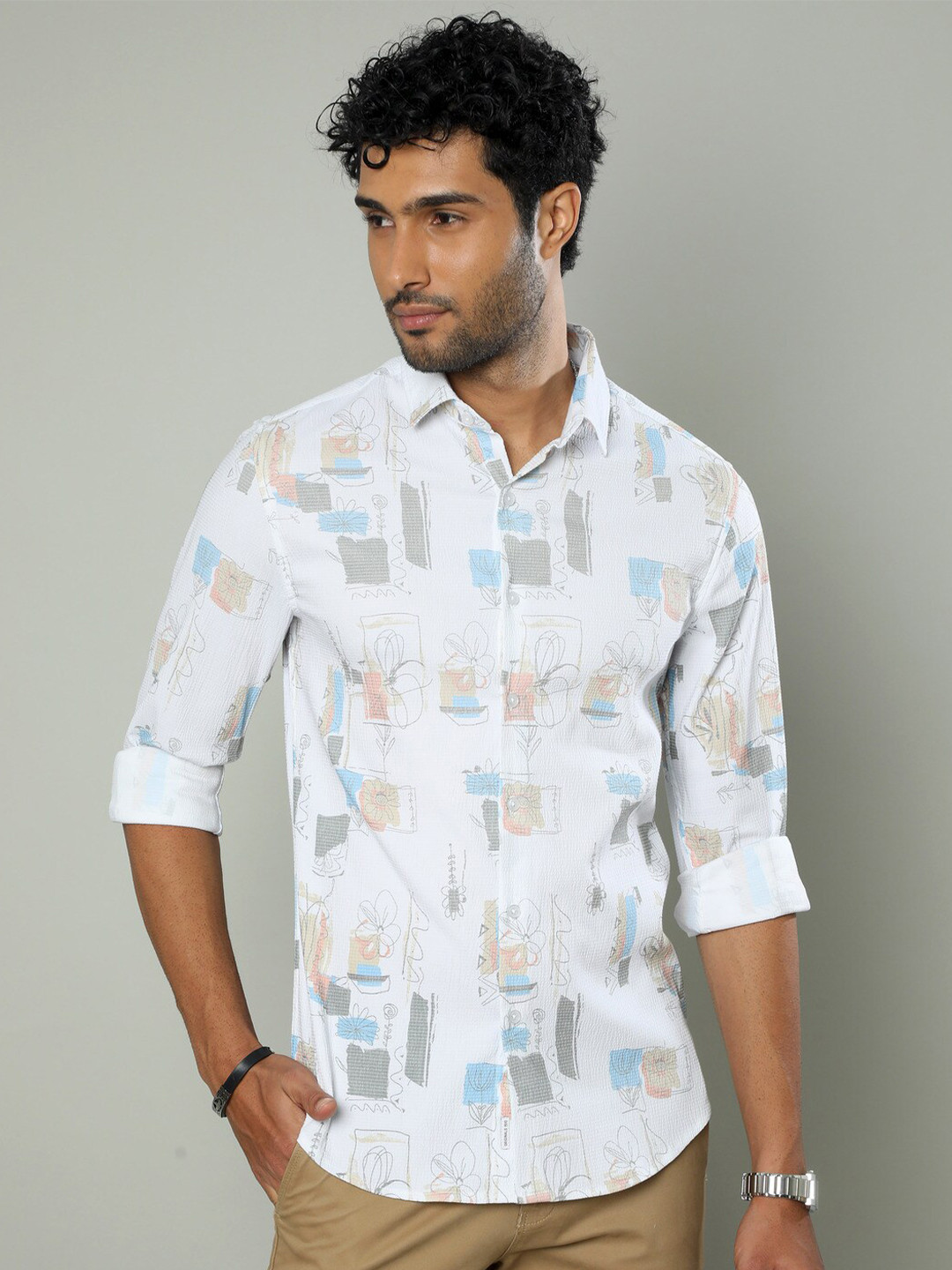

FLY 69 Premium Slim Fit Conversational Printed Casual Shirt, White