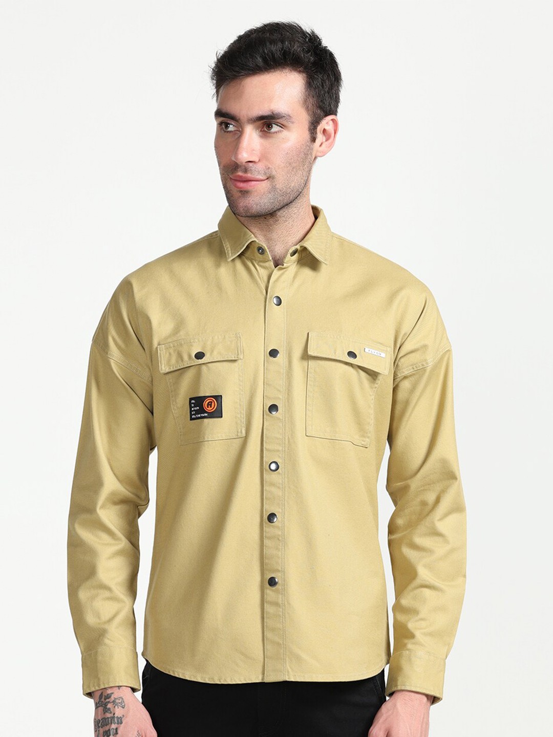 

FLY 69 Premium Slim Fit Spread Collar Pure Cotton Casual Shirt, Camel brown
