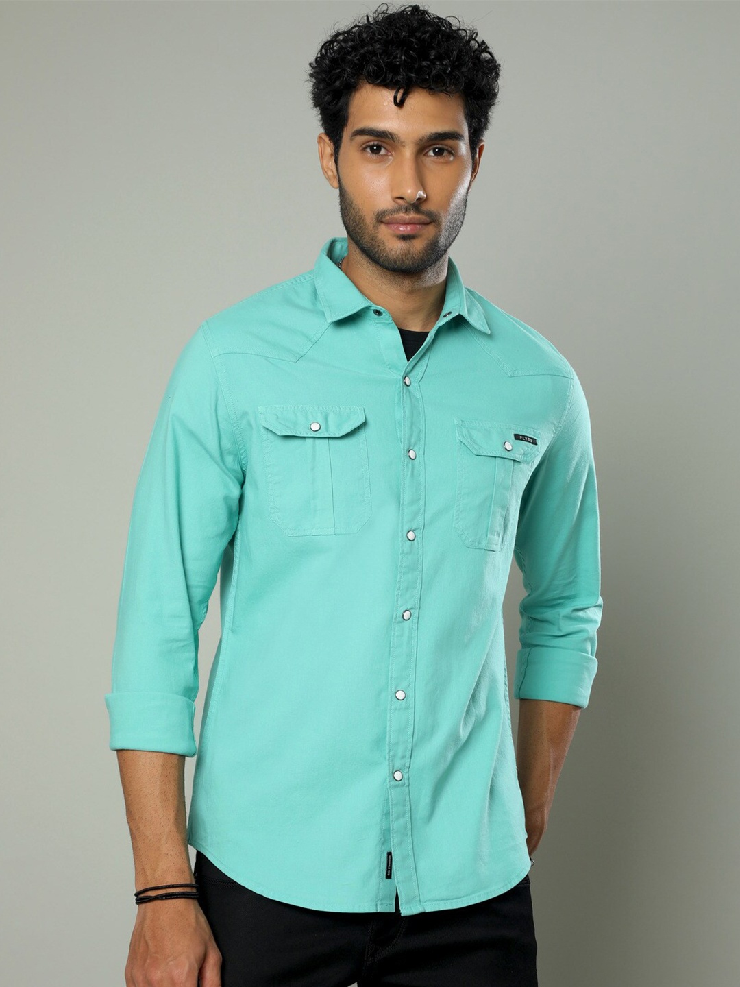 

FLY 69 Premium Spread Collar Slim Fit Cotton Casual Shirt, Green