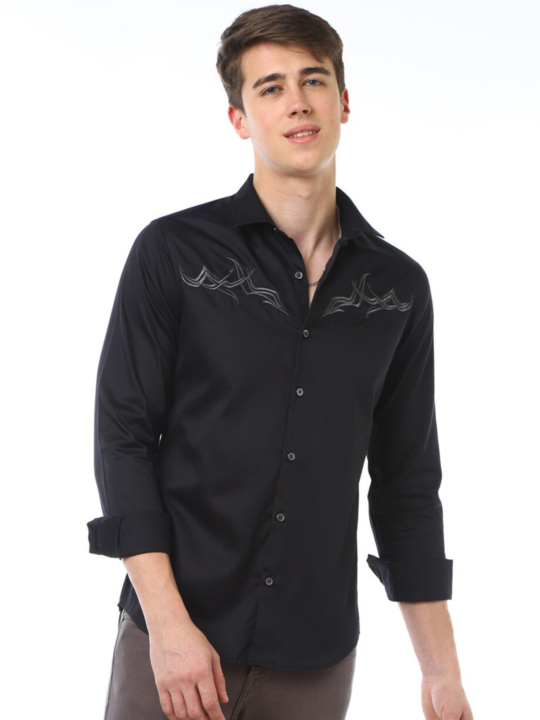 

FLY 69 Premium Slim Fit Embroidered Pure Cotton Casual Shirt, Black