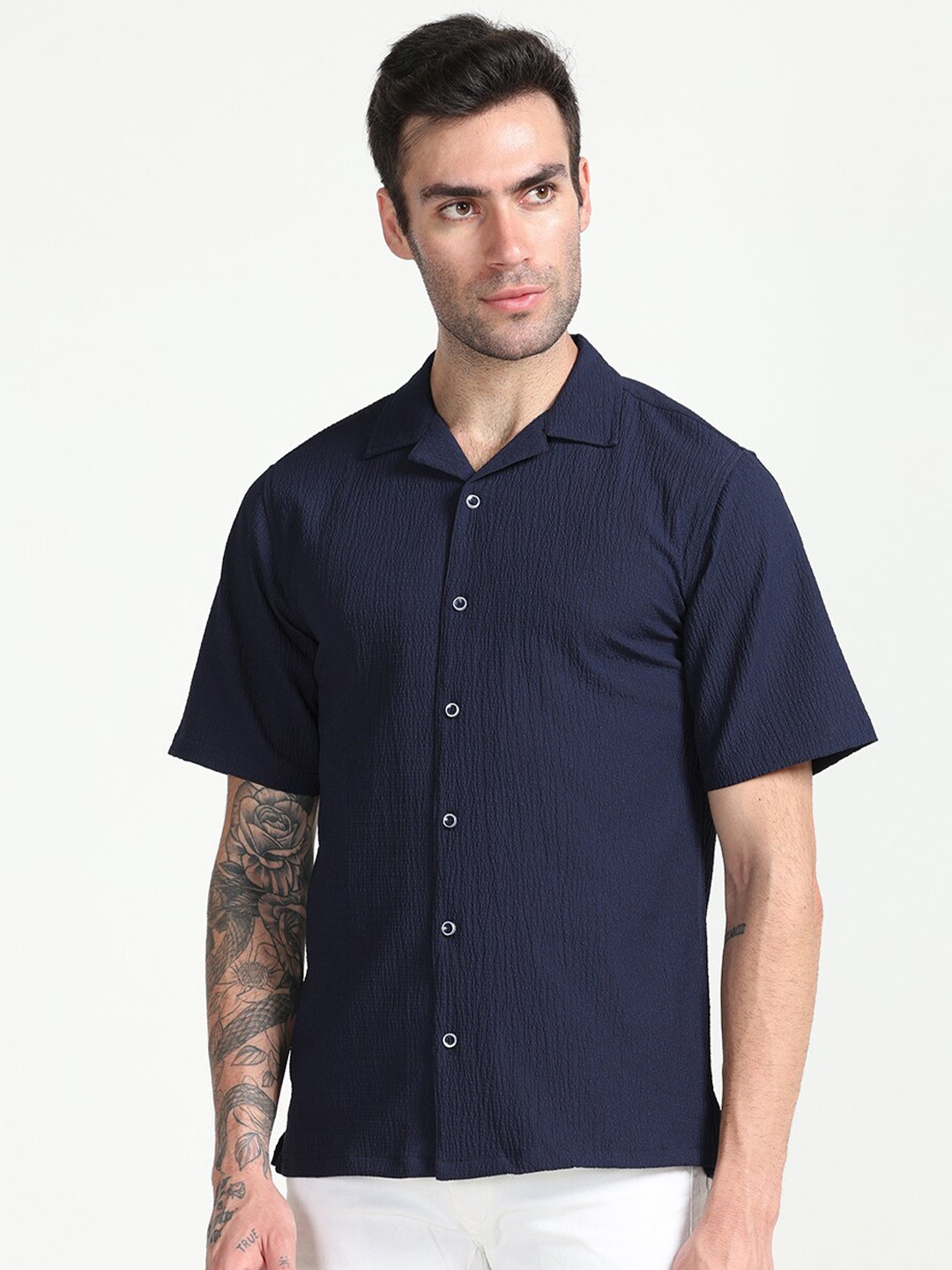 

FLY 69 Premium Boxy Cuban Collar Short Sleeve Casual Shirt, Navy blue