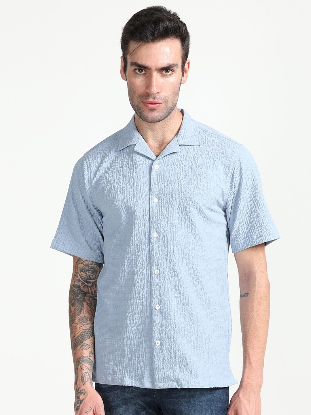 

FLY 69 Premium Boxy Textured Self Design Casual Shirt, Blue