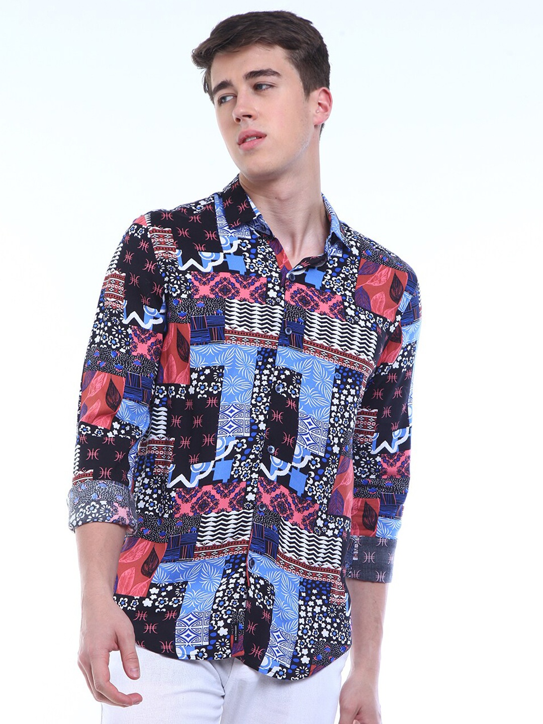 

FLY 69 Premium Slim Fit Graphic Printed Casual Shirt, Blue