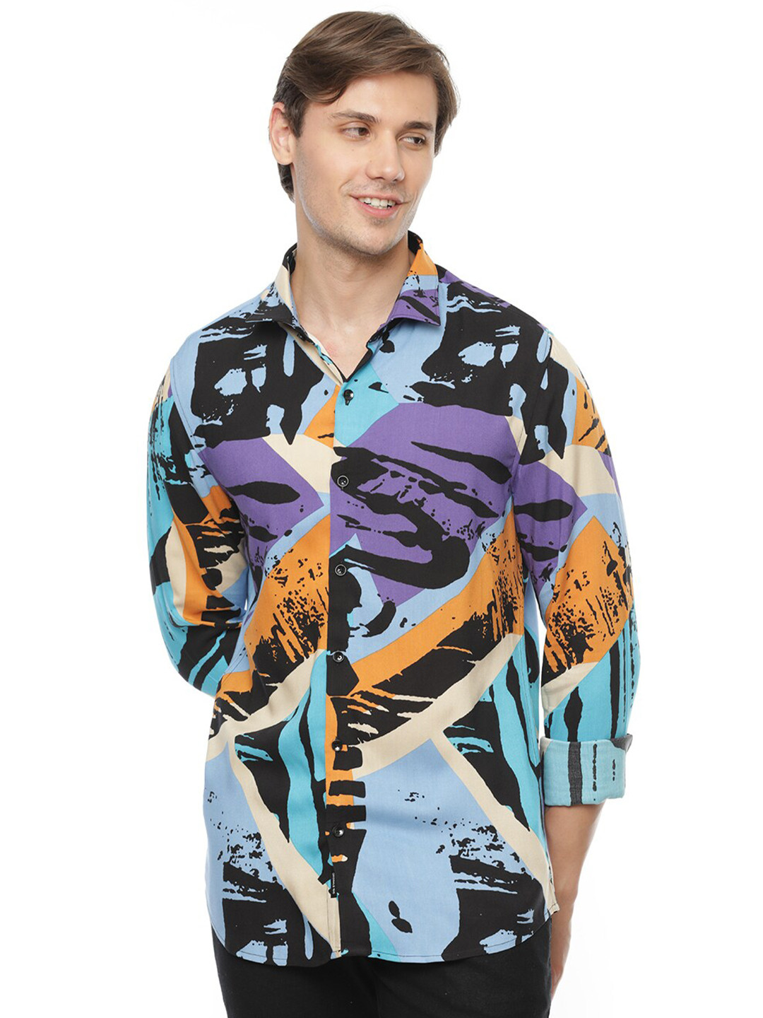 

FLY 69 Premium Slim Fit Abstract Printed Spread Collar Long Sleeve Casual Shirt, Purple