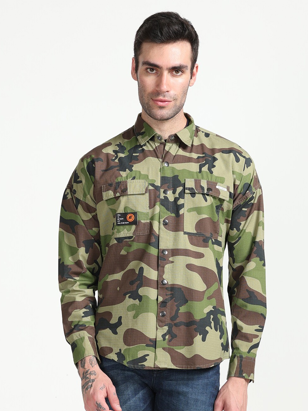 

FLY 69 Camouflage Printed Premium Slim Fit Cotton Casual Shirt, Green