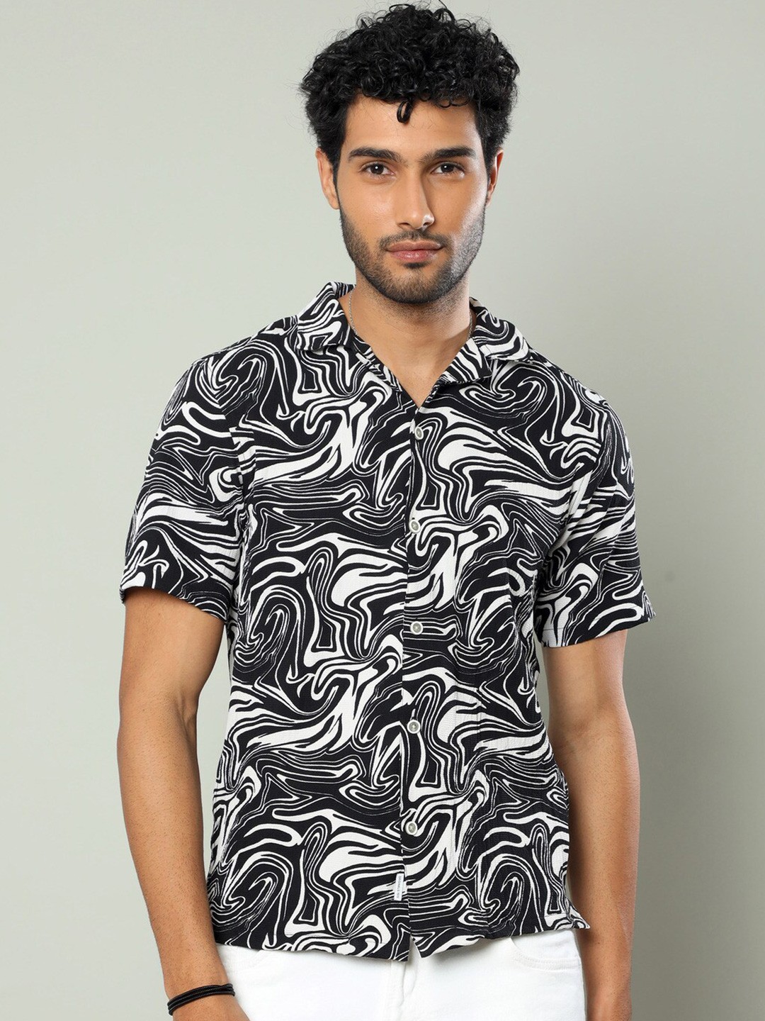 

FLY 69 Premium Boxy Abstract Printed Casual Shirt, Black