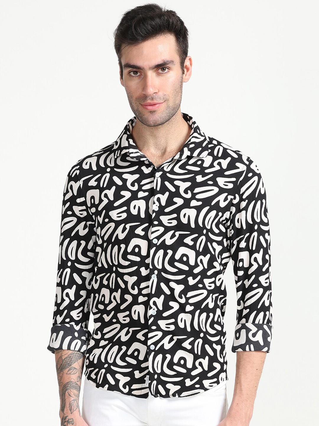 

FLY 69 Premium Slim Fit Abstract Printed Casual Shirt, Black