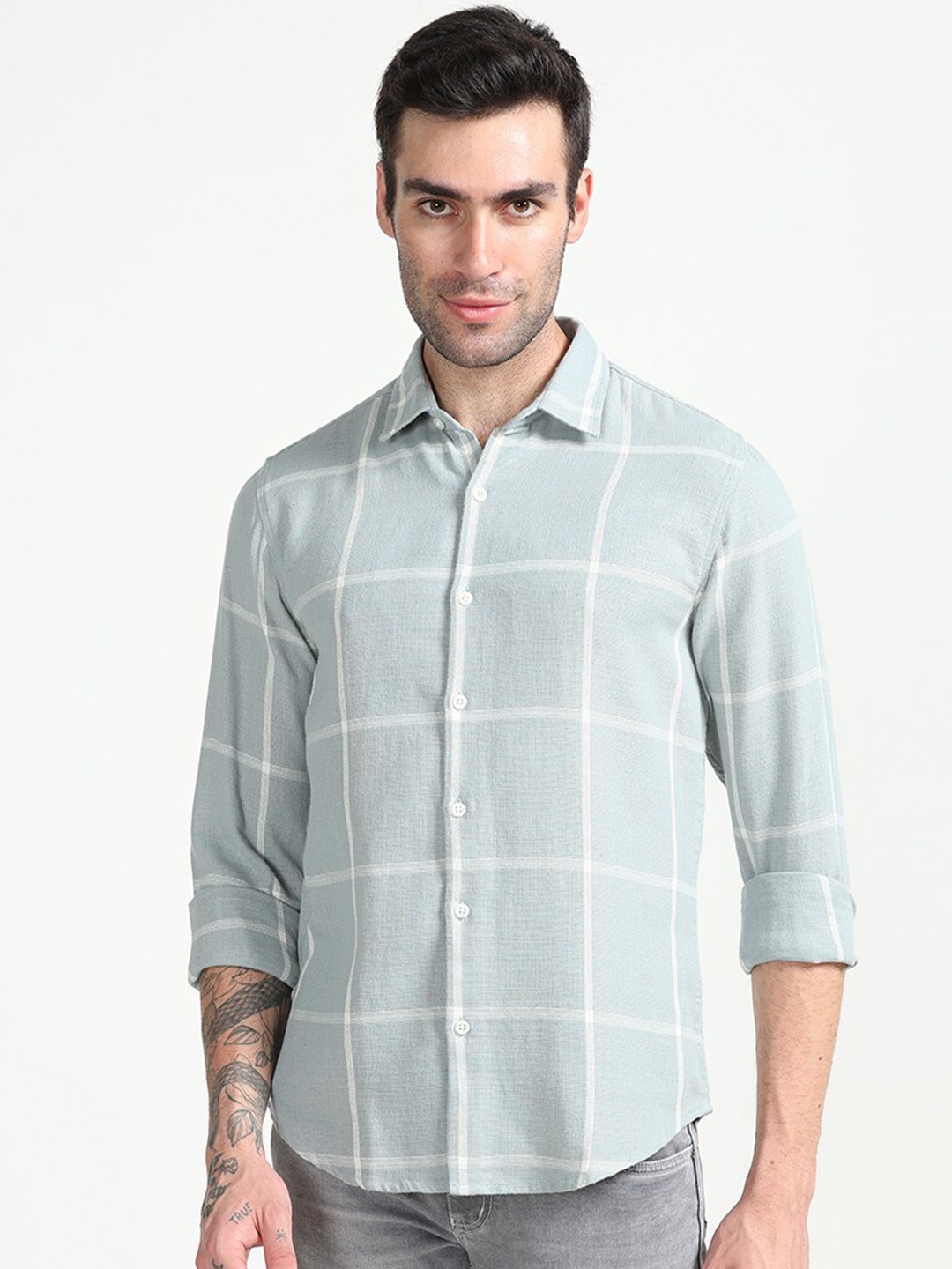 

FLY 69 Premium Slim Fit Windowpane Checks Spread Collar Cotton Casual Shirt, Green
