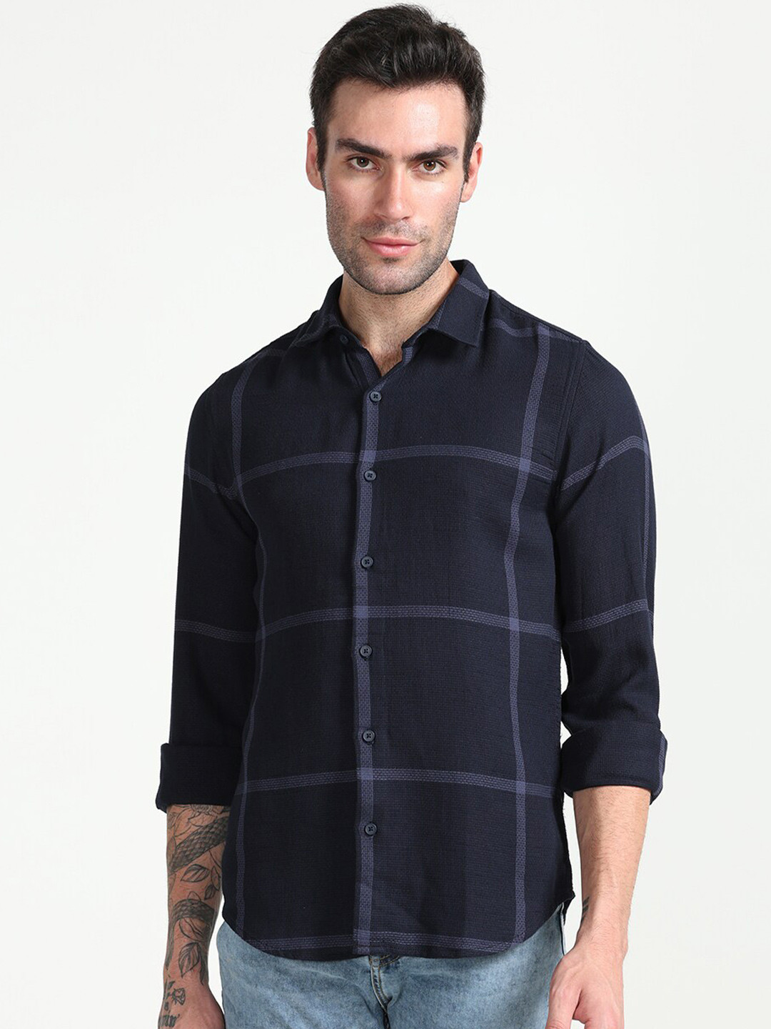 

FLY 69 Premium Checked Spread Collar Slim Fit Cotton Casual Shirt, Navy blue