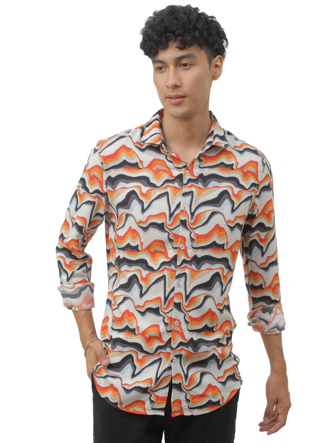 

FLY 69 Abstract Printed Premium Slim Fit Casual Shirt, Orange