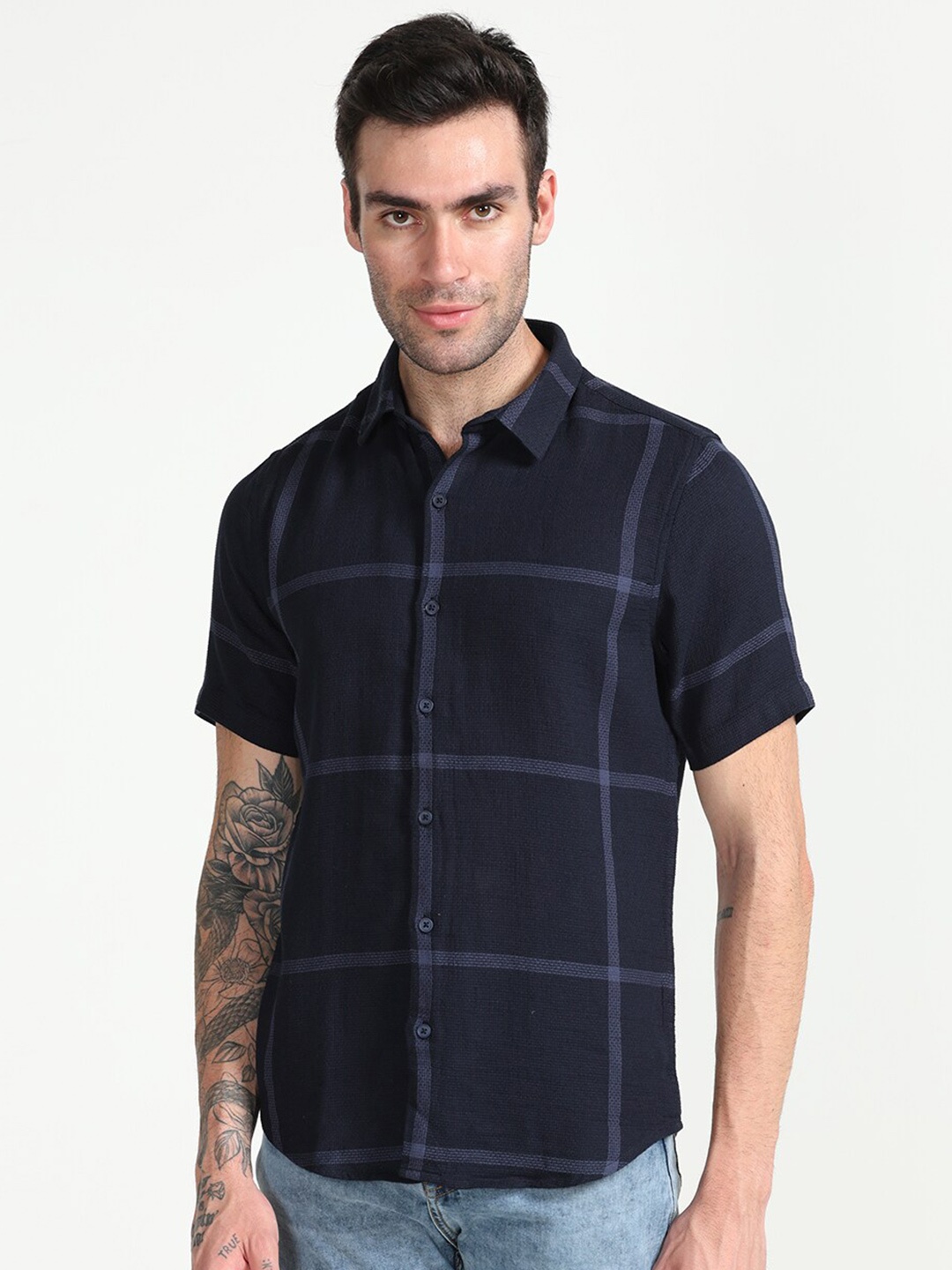 

FLY 69 Premium Checked Spread Collar Slim Fit Cotton Shirt, Navy blue