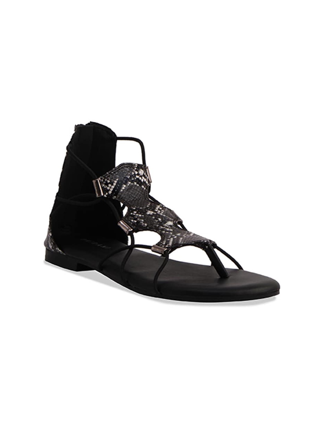 

ERIDANI Rue Textured Open Toe Flats With Zip, Black