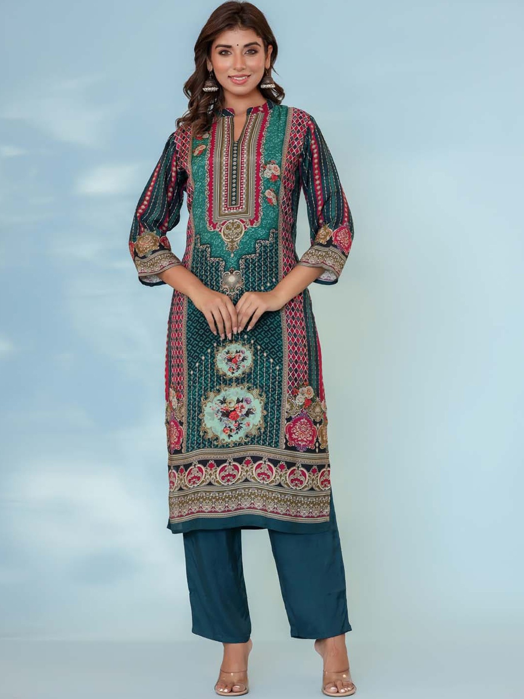 

Meena Bazaar Ethnic Motifs Printed Straight Kurta & Trousers With Dupatta, Green
