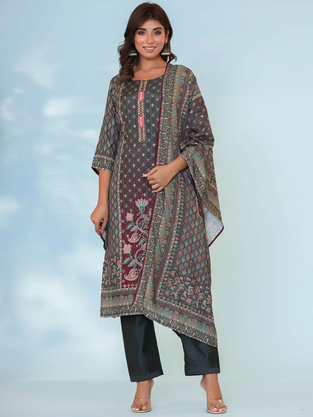 

Meena Bazaar Ethnic Motifs Printed Sequinned Straight & Trousers With Dupatta, Grey