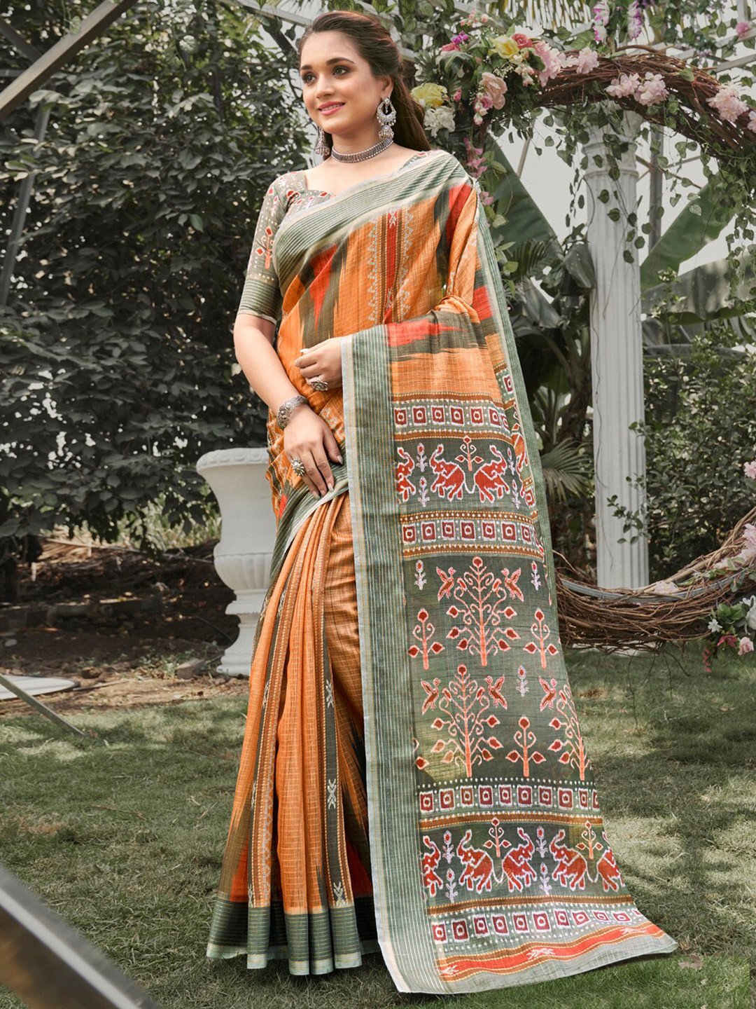 

Anouk Peach-Coloured Ethnic Motifs Printed Pure Silk Bagru Saree