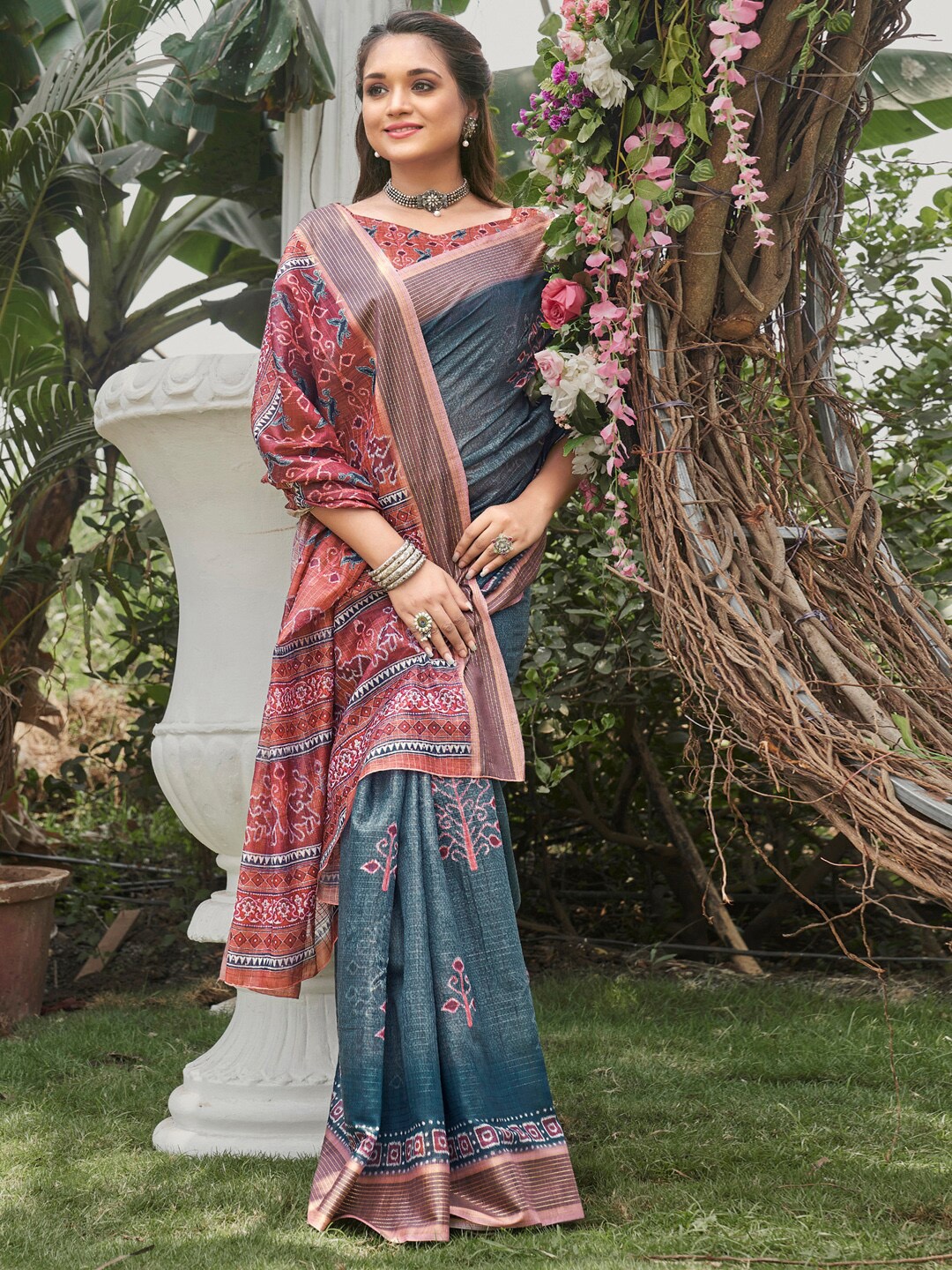 

Anouk Teal Blue Ethnic Motifs Printed Pure Silk Bagru Saree