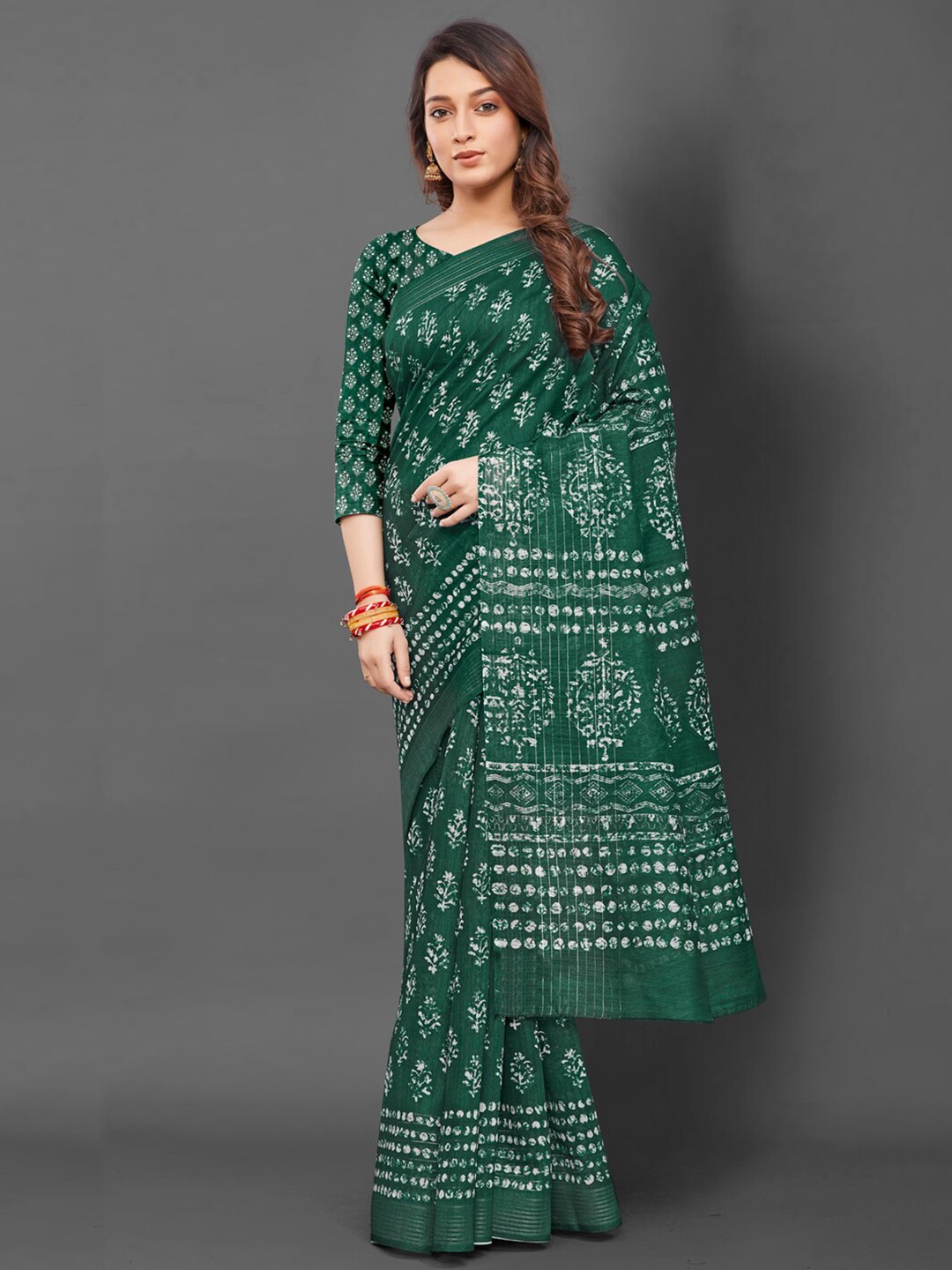 

Anouk Green Ethnic Motifs Printed Pure Silk Block Print Saree