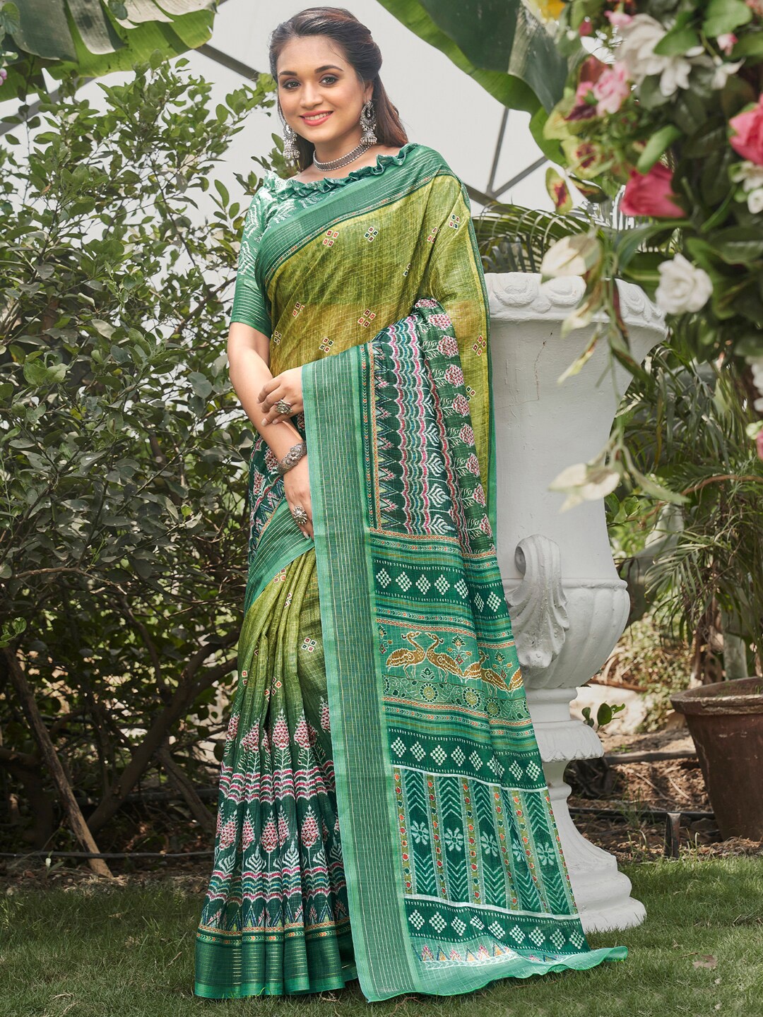 

Anouk Green Ethnic Motifs Printed Pure Silk Bagru Saree