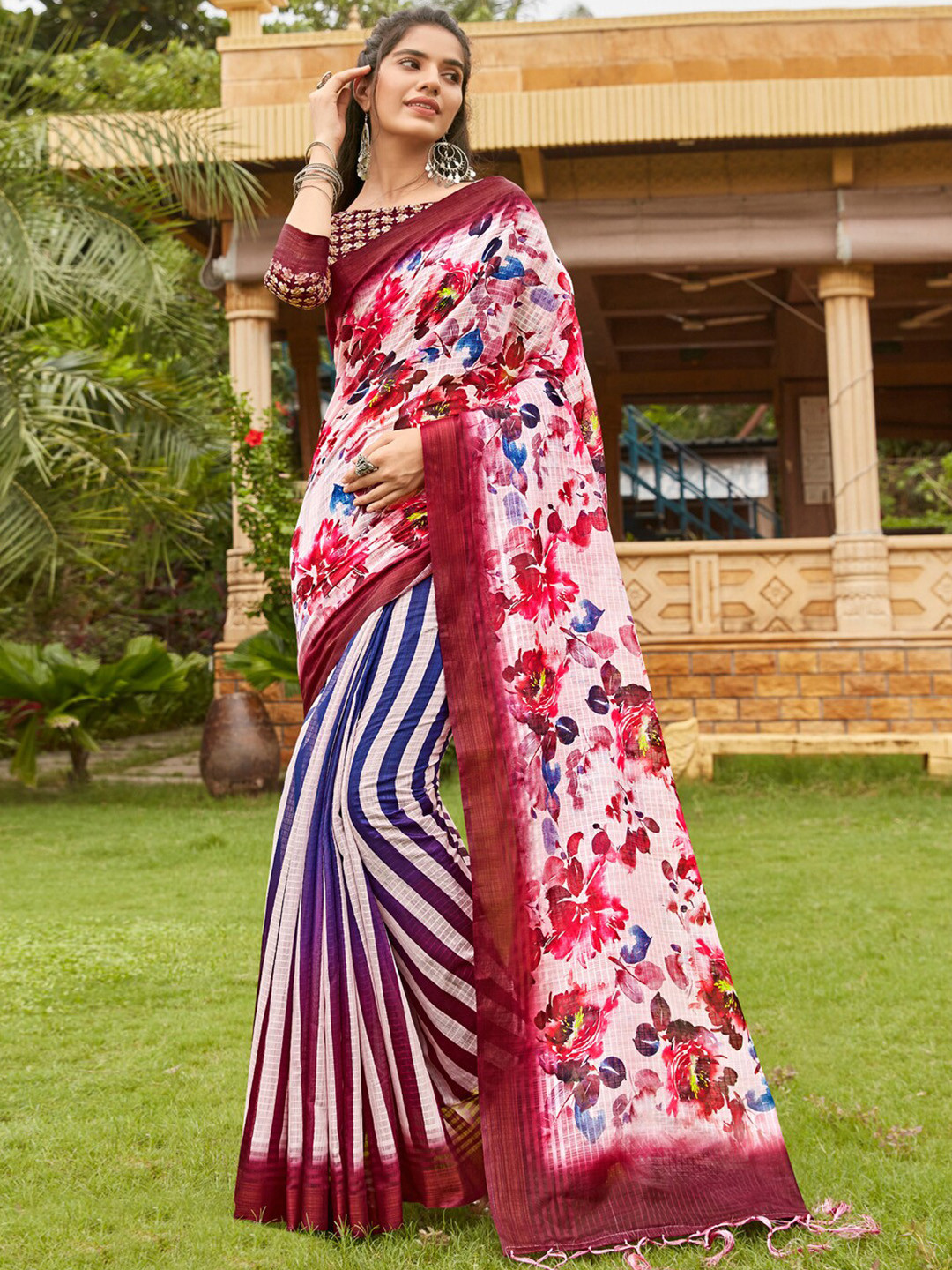 

Anouk Pink Floral Printed Pure Linen Bagh Saree