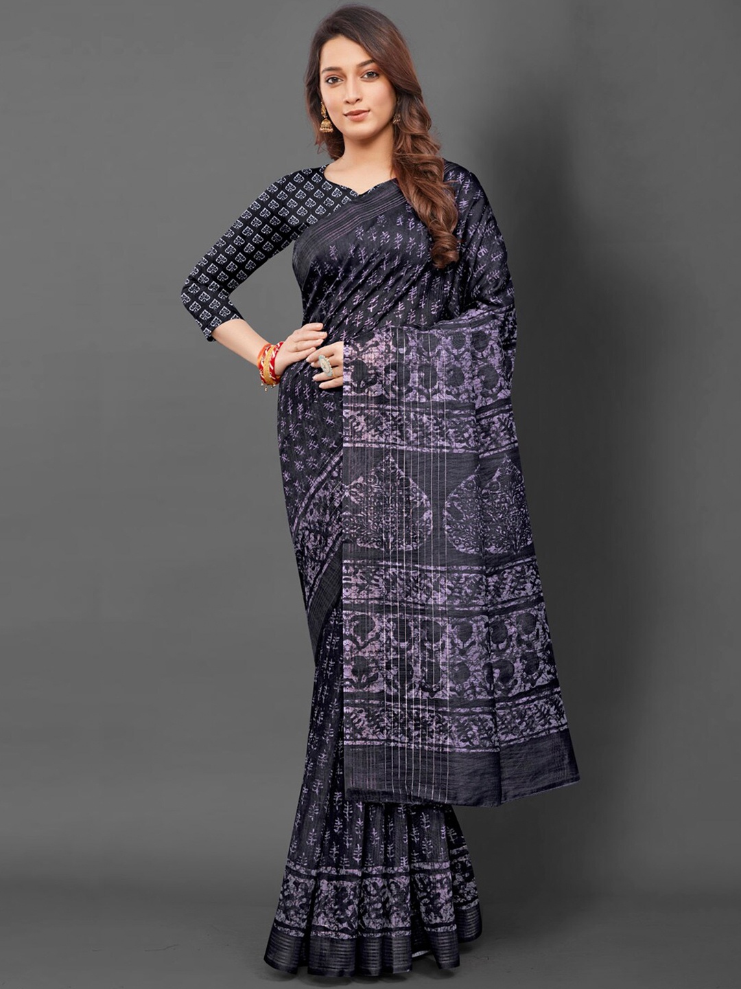 

Anouk Purple Ethnic Motifs Printed Pure Silk Block Print Saree