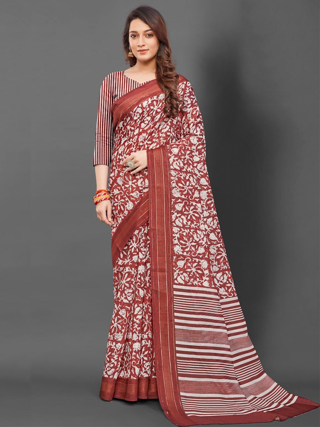 

Anouk Rust Ethnic Motifs Printed Pure Silk Block Print Saree