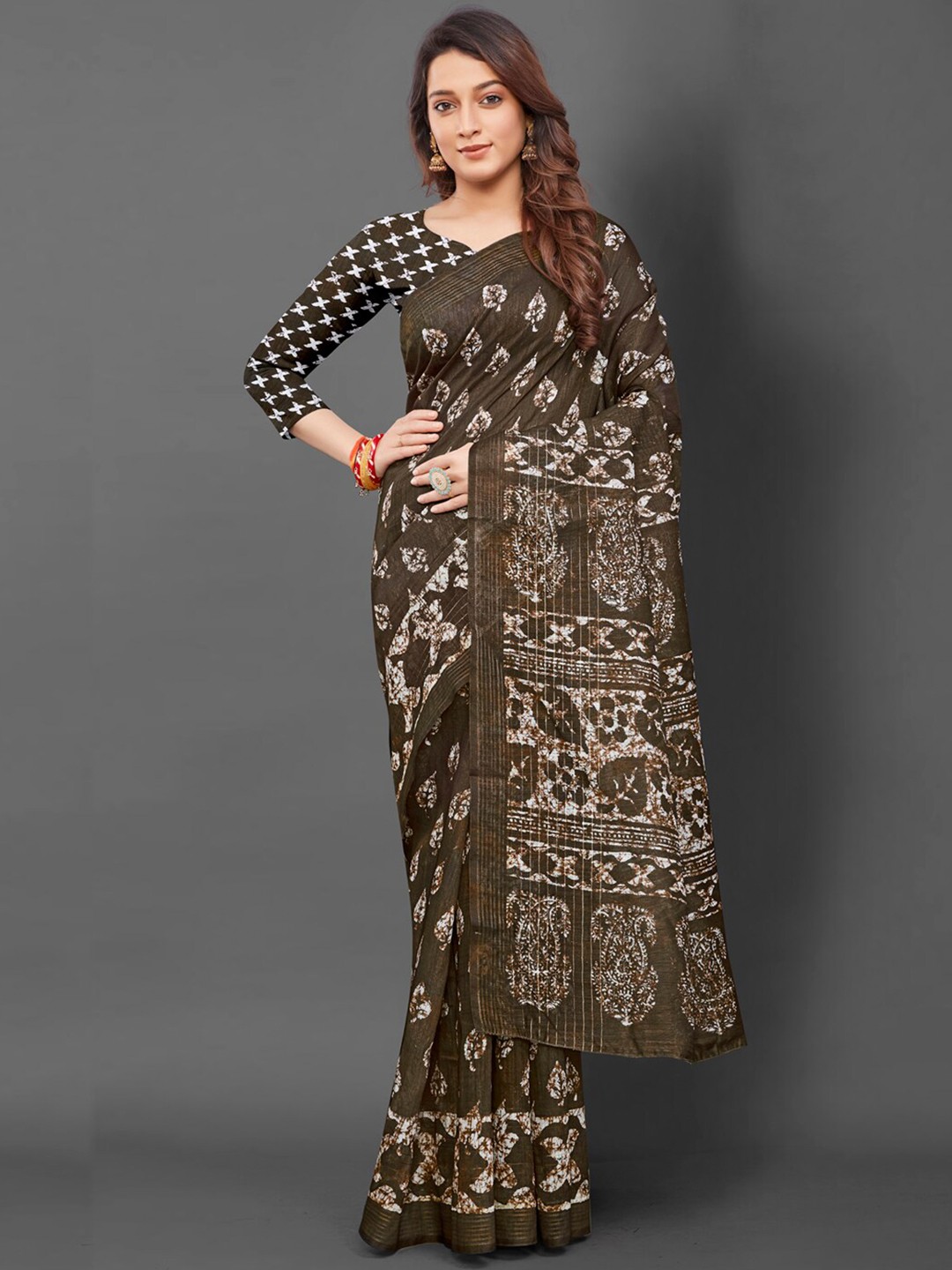 

Anouk Olive Green Ethnic Motifs Printed Pure Silk Block Print Saree