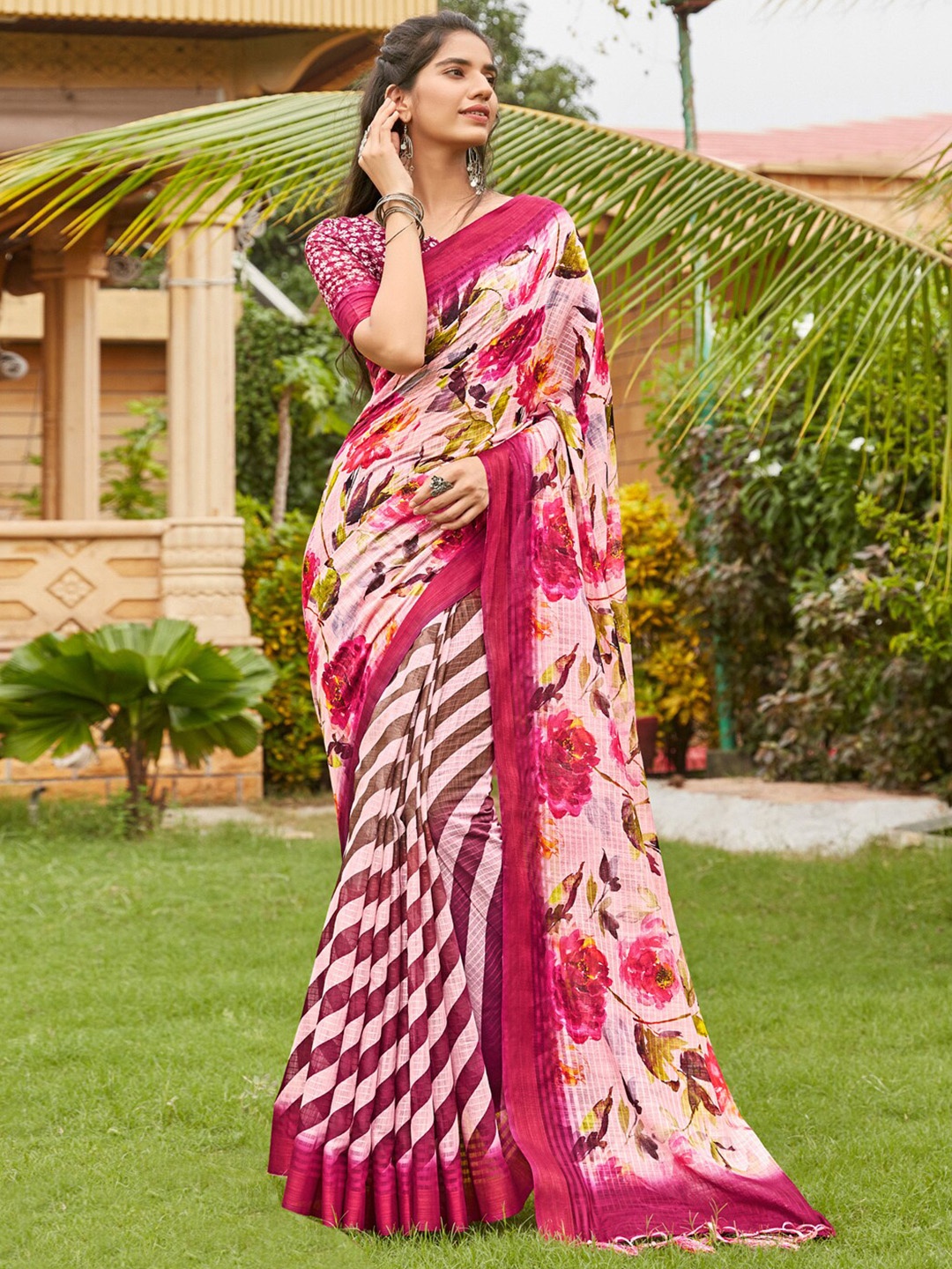 

Anouk Pink & Green Floral Printed Bagh Saree