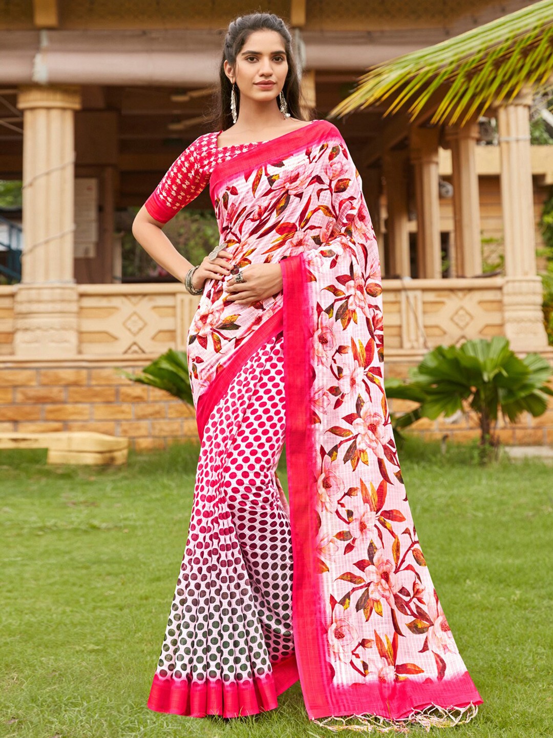 

Anouk Rustic Pink & White Floral Printed Pure Linen Bagh Saree