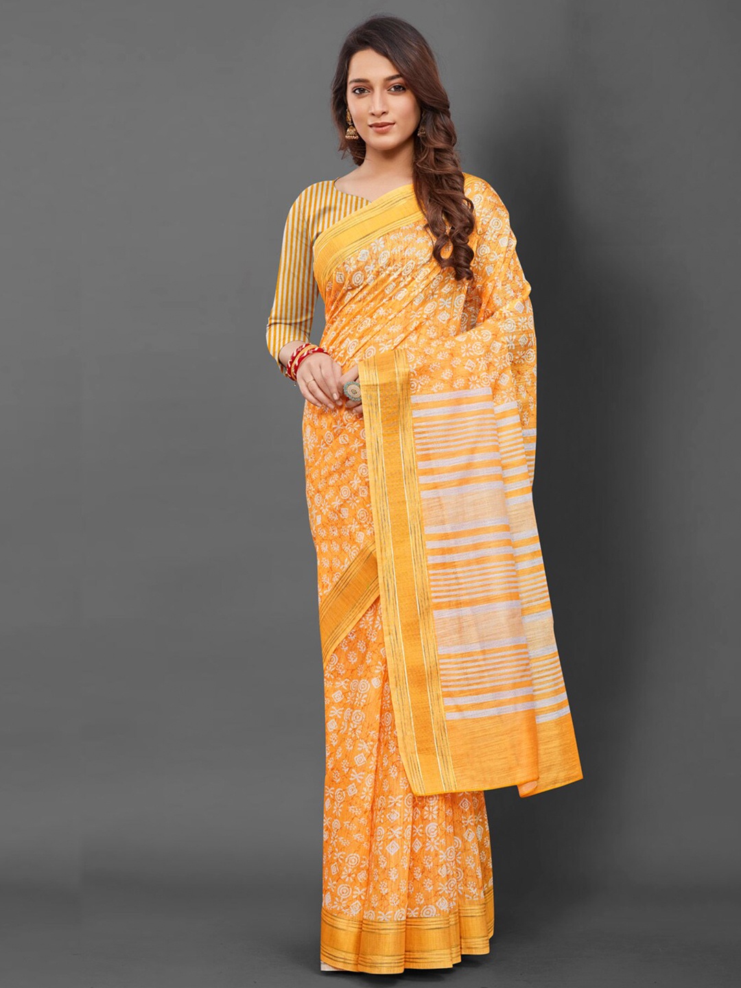 

Anouk Yellow & White Ethnic Motifs Printed Pure Silk Block Printed Saree