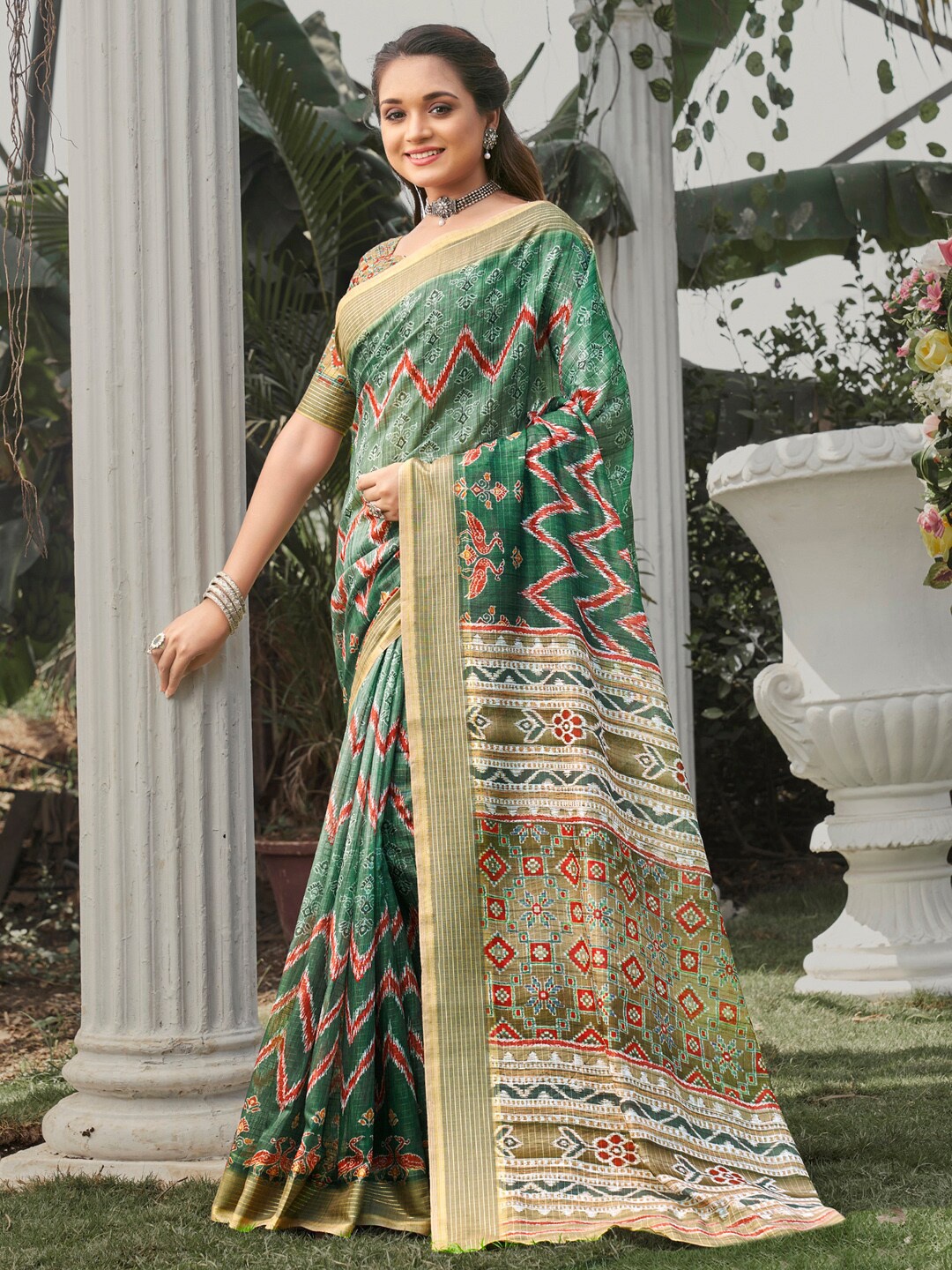 

Anouk Green & Red Bagh Printed Pure Silk Bagru Saree