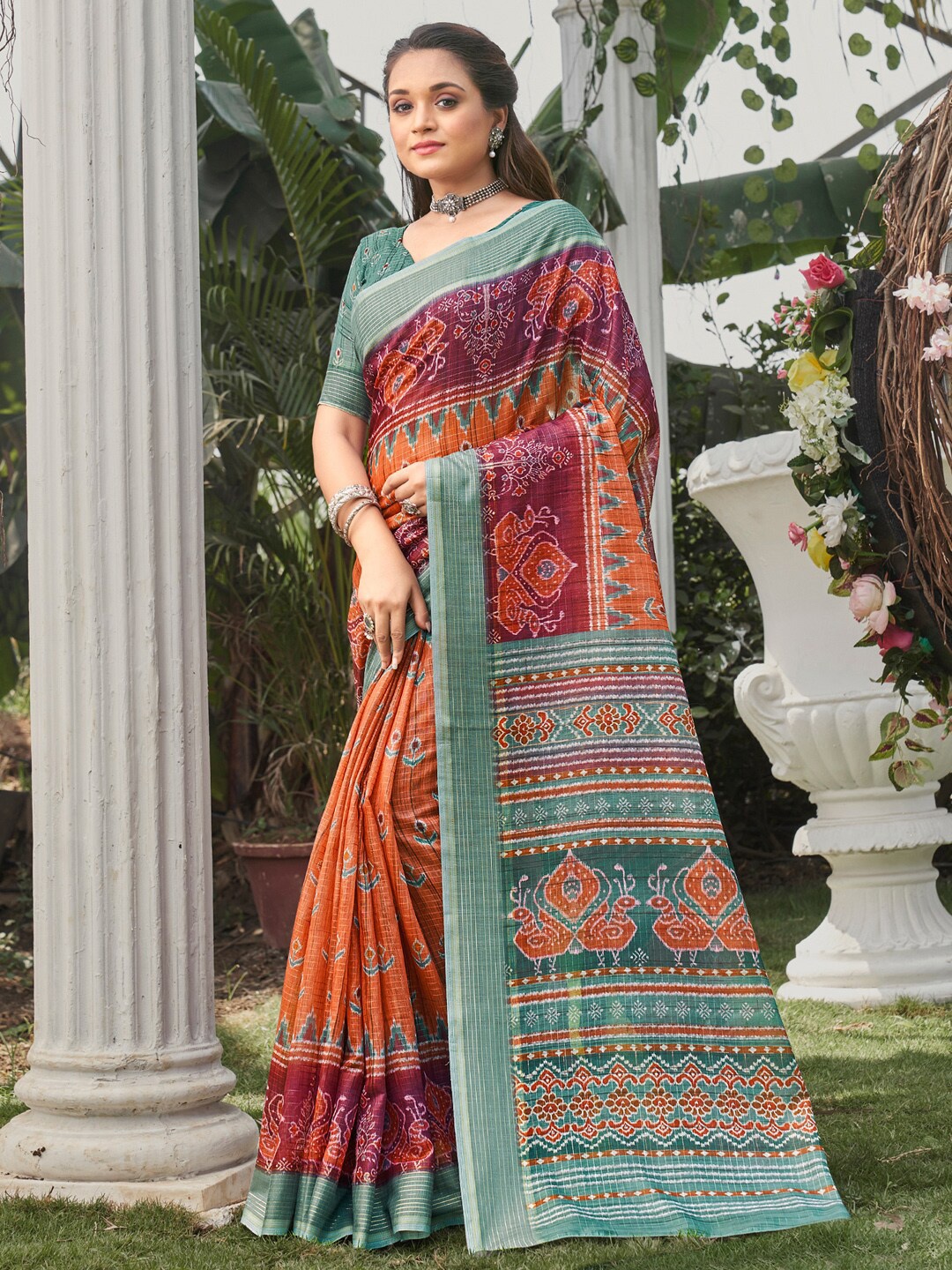 

Anouk Rustic Orange & Green Ethnic Motifs Printed Pure Silk Bagru Saree