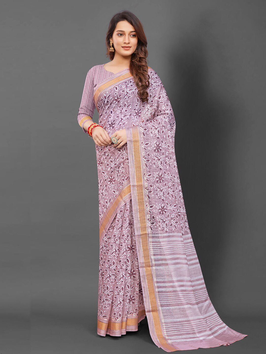 

Anouk Mauve & Lavender Ethnic Motifs Block Printed Pure Silk Saree