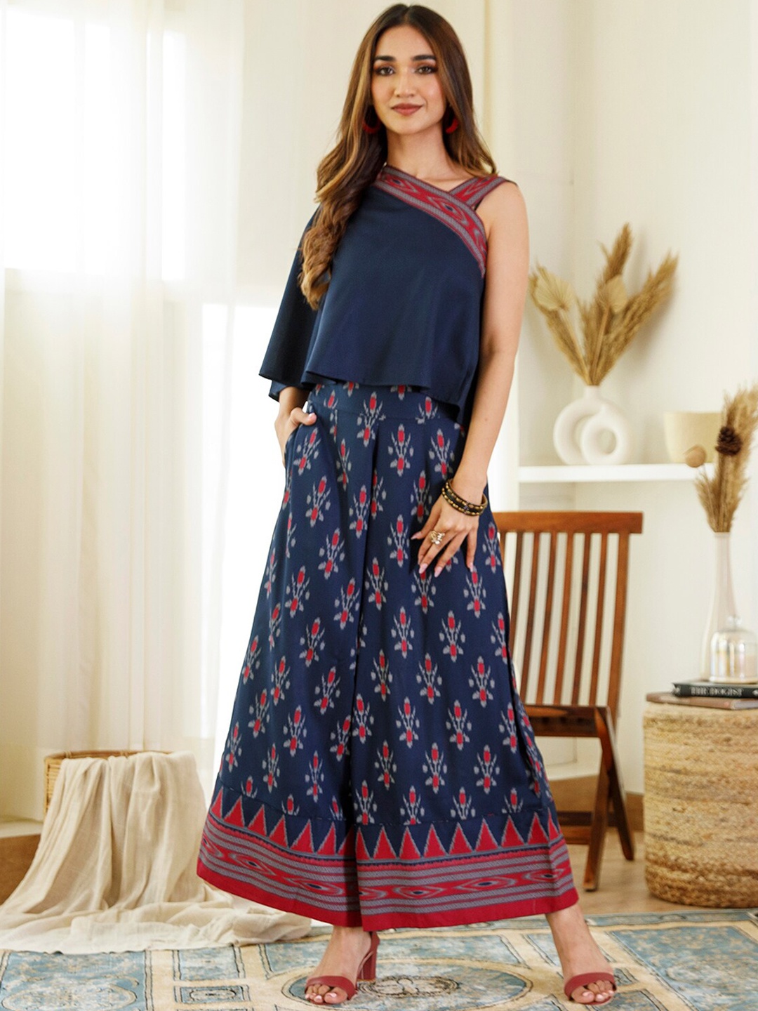

Rustorange Printed One Shoulder Top & Palazzo, Navy blue