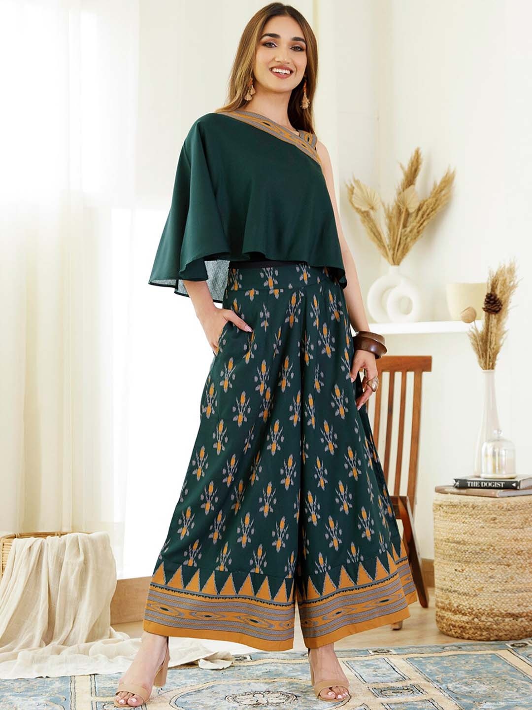

Rustorange Ikat Printed Top With Printed Palazzo, Green