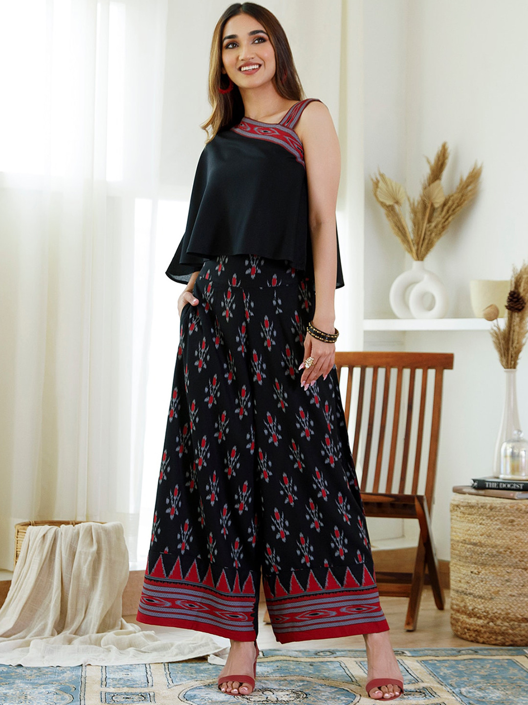 

Rustorange Ethnic Motifs Printed One Shoulder Top With Palazzos Co-Ords, Black