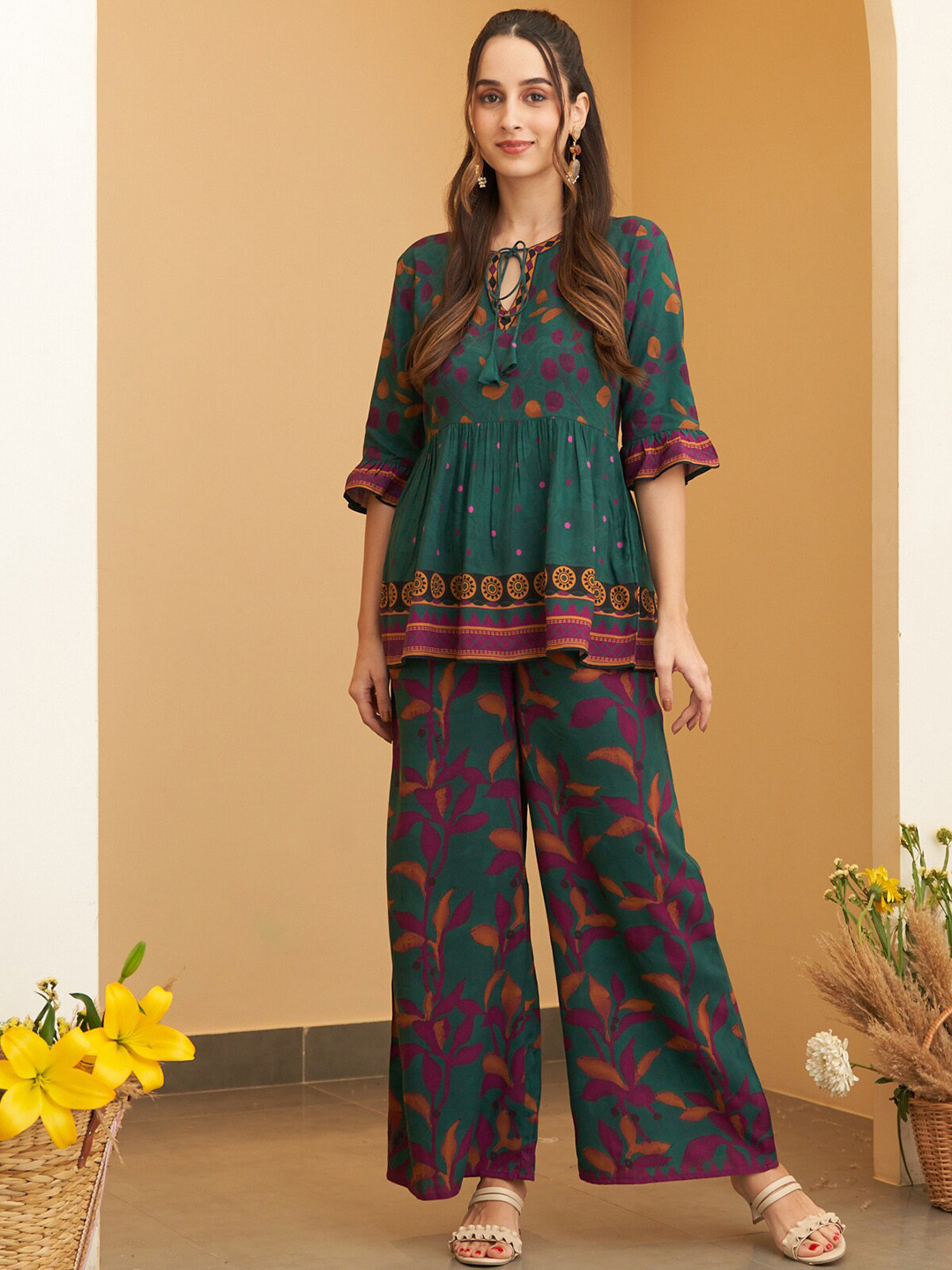 

Rustorange Ethnic Motifs Printed Peplum Top With Trousers, Green
