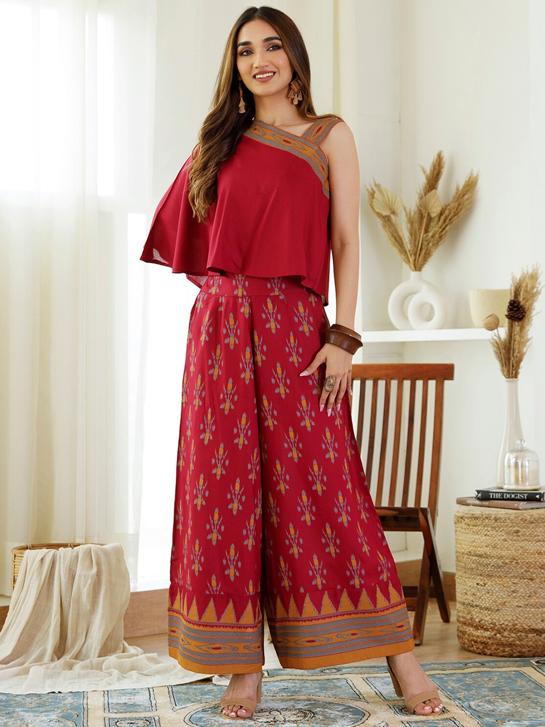 

Rustorange Ikat Printed Top With Palazzos, Maroon