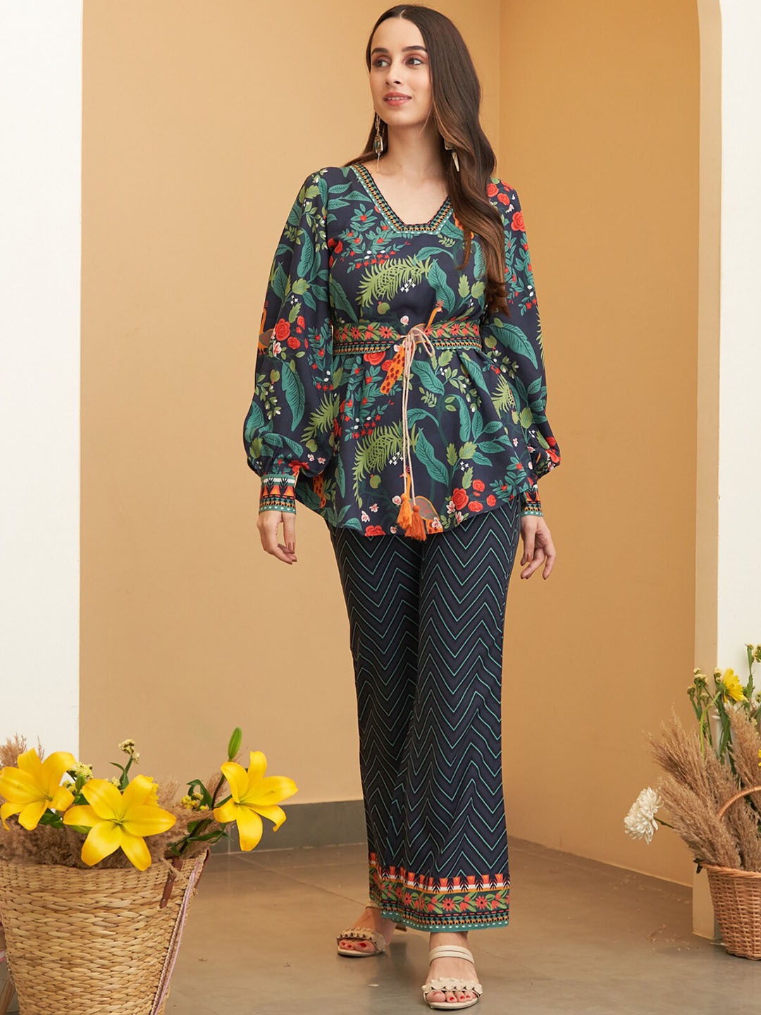 

Rustorange Printed Tunic With Trousers, Navy blue