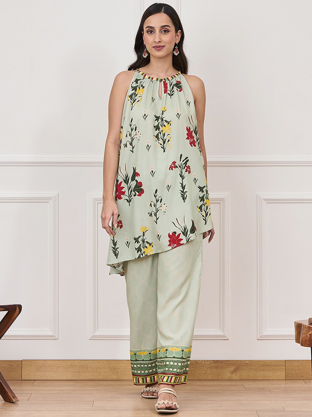

Rustorange Printed High Low Tunic With Printed Palazzo, Green