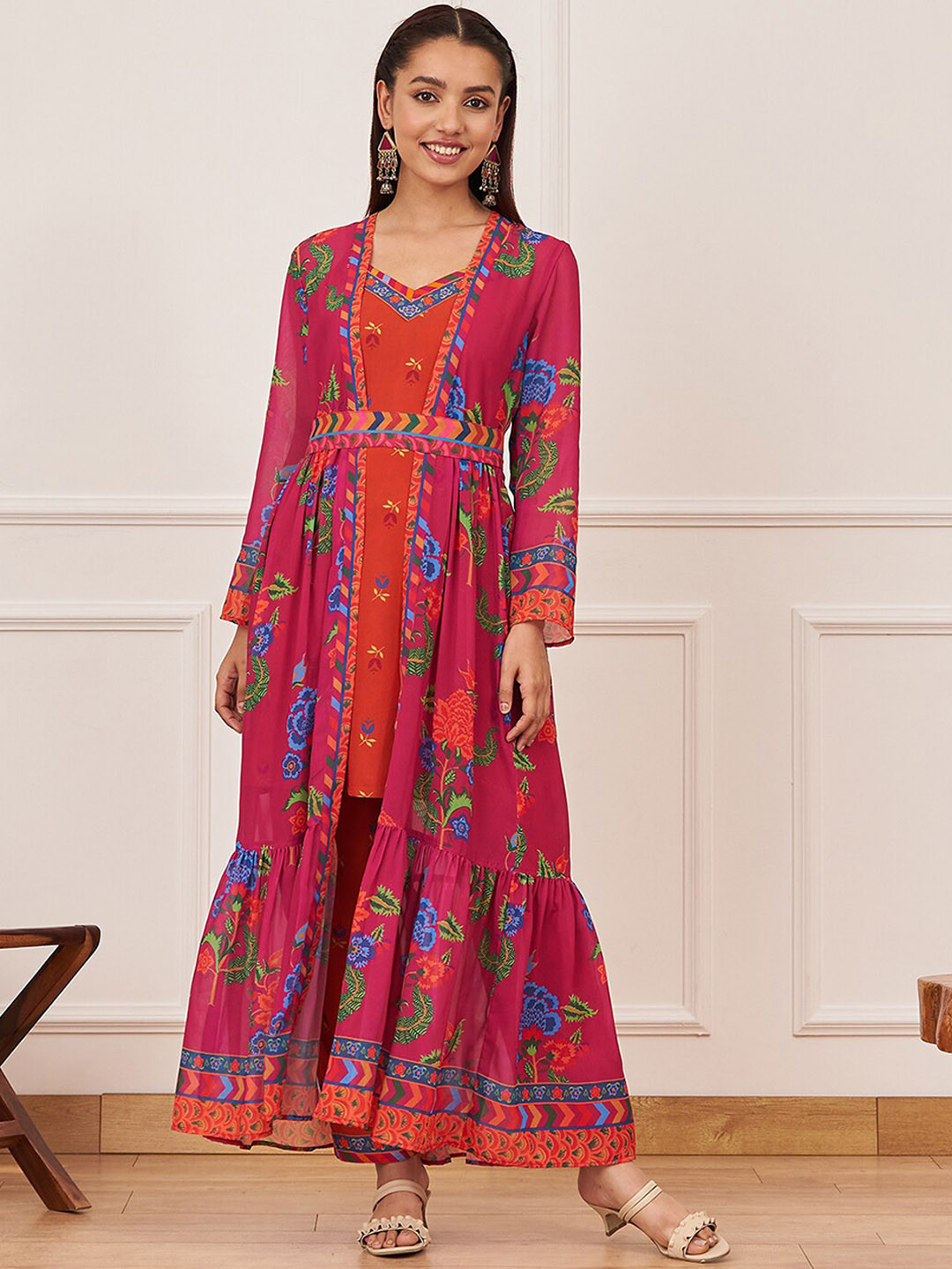 

Rustorange Printed Tunic & Trousers With shrug, Orange