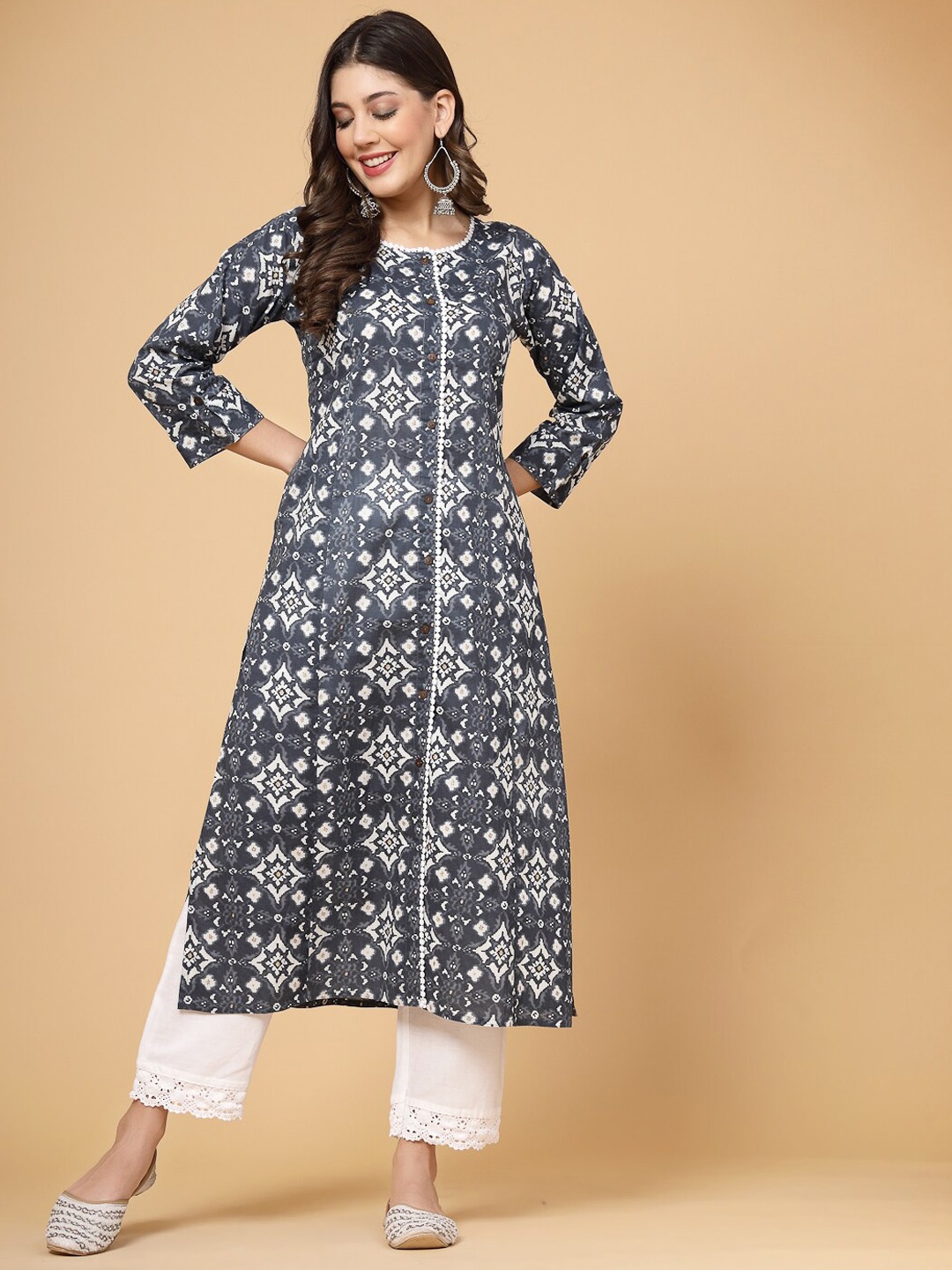 

Pistaa Geometric Printed Pure Cotton Straight Kurta, Blue