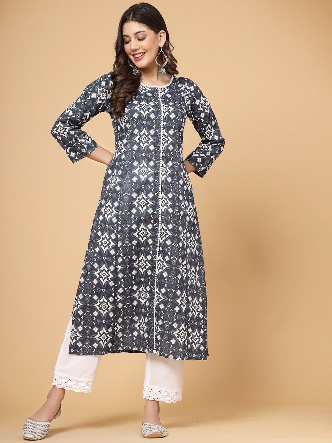 

Pistaa Geometric Printed Pure Cotton Straight Kurta, Blue
