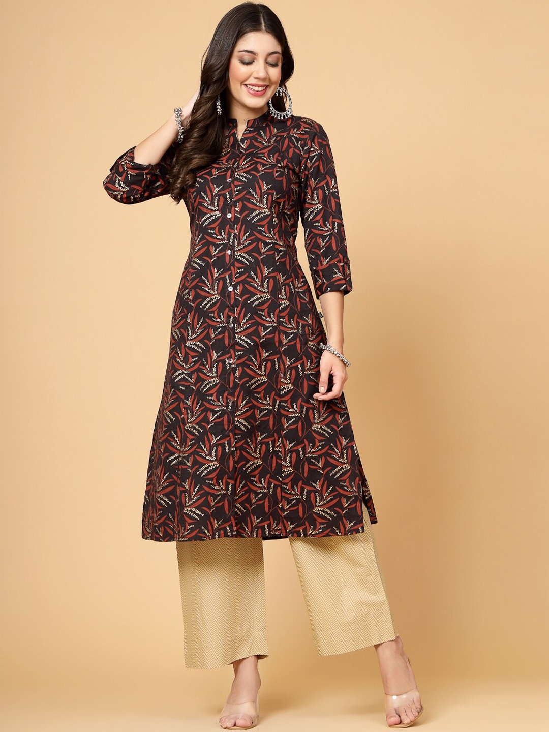 

Pistaa Floral Printed Mandarin Collar A-Line Cotton Kurta, Black