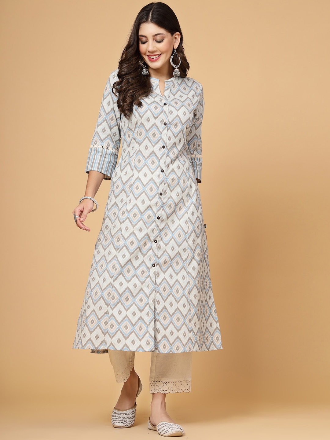 

Pistaa Geometric Printed Mandarin Collar A-Line Cotton Kurta, White