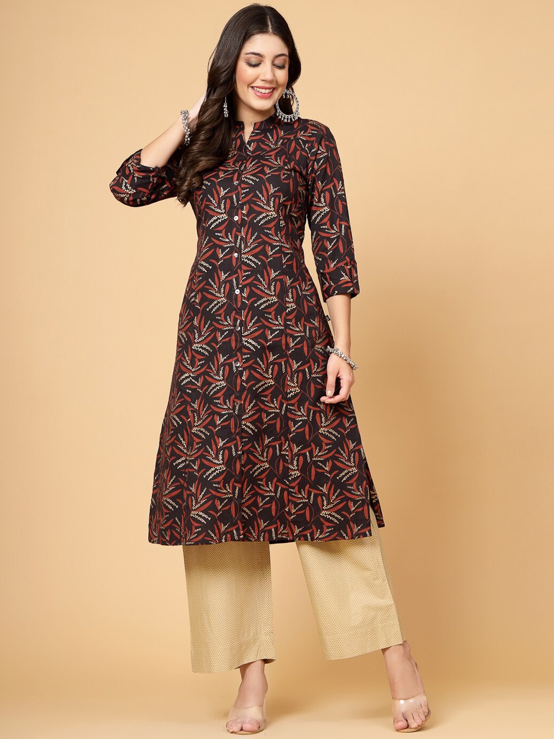 

Pistaa Ethnic Motifs Printed Pure Cotton A-Line Kurta, Black