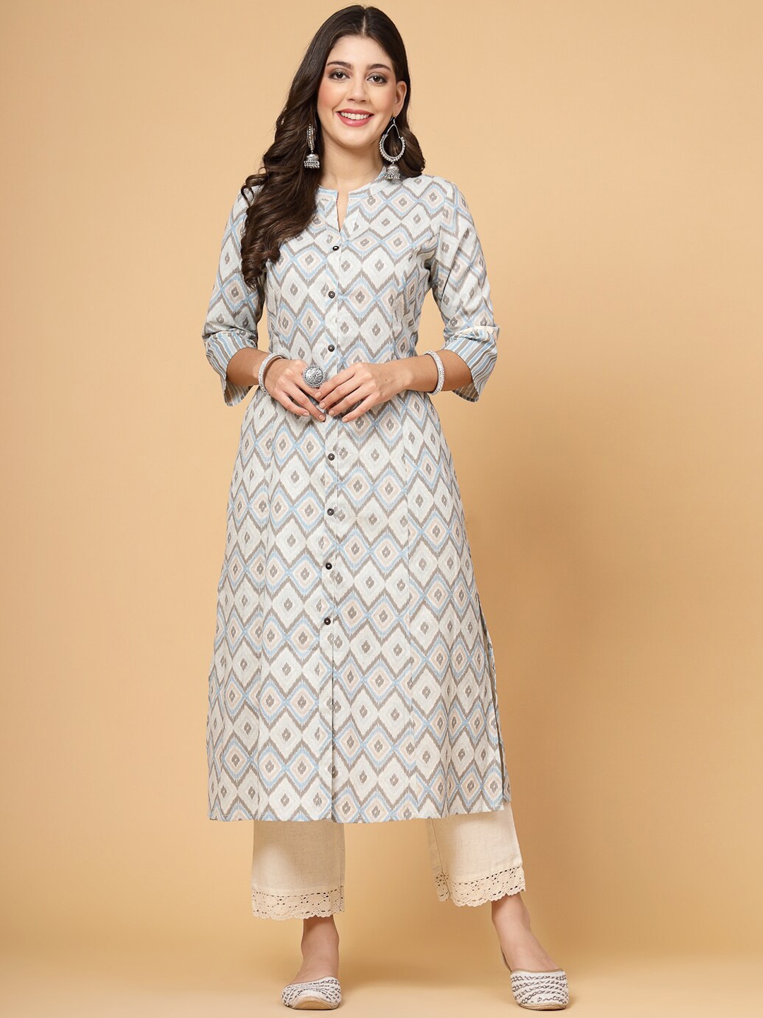 

Pistaa Geometric Printed Mandarin Collar A-Line Cotton Kurta, White